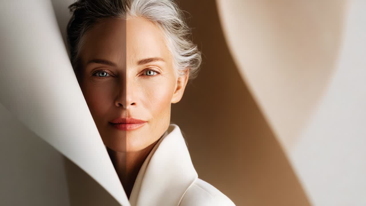 A Captivating Portrait of Timeless Beauty Featuring an Elegant Woman with Graceful Silver Hair Enfolded by Soft Fabric, Emphasizing Natural Radiance and Charm in a Minimalist Background