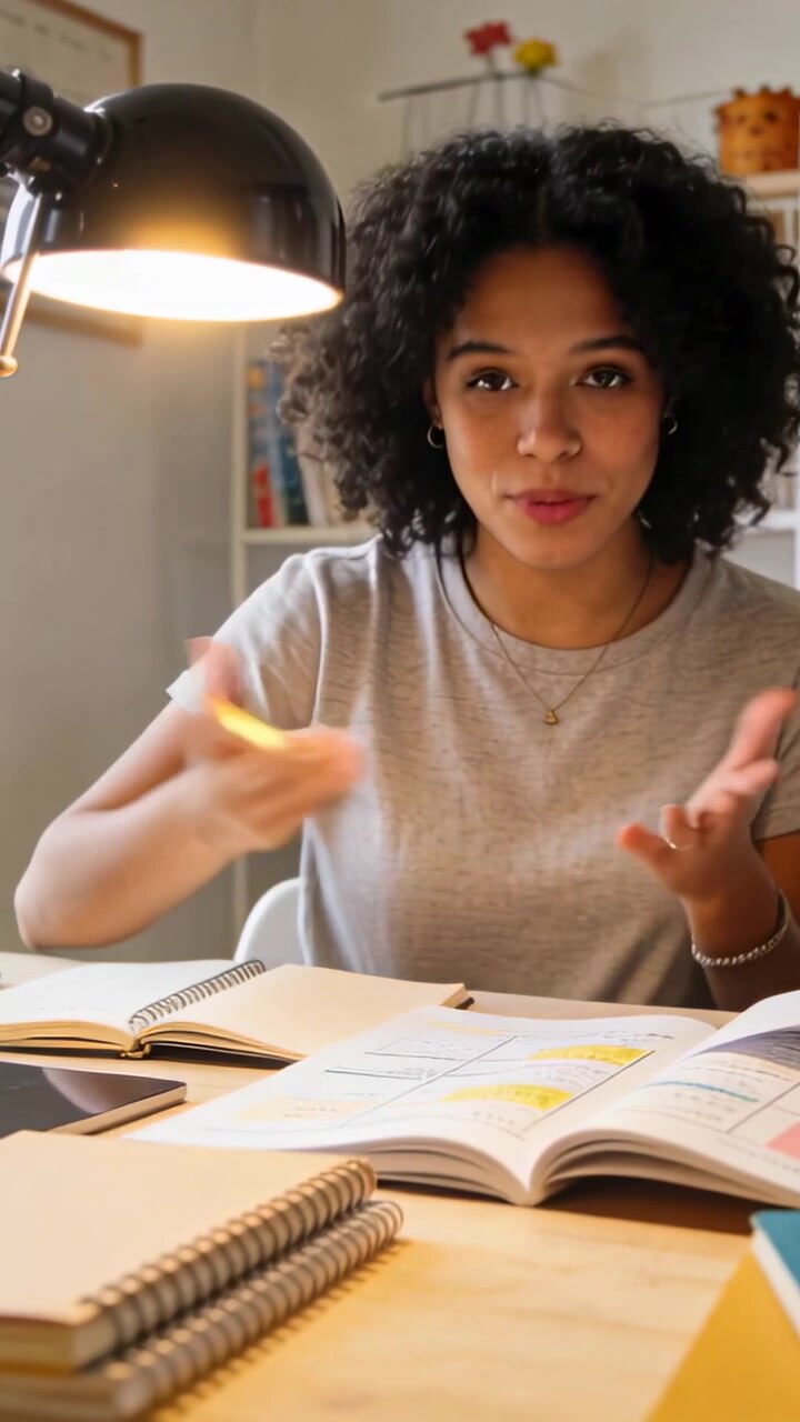 Video verticale: Donna che evidenzia un libro usando un evidenziatore alla scrivania, seguendo il partner mentre studia.