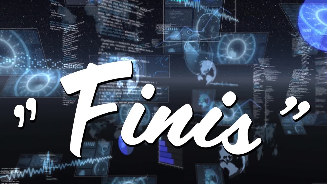 Testo finis su molteplici scanner rotondi e elaborazione dati su sfondo blu.