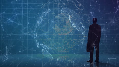 standing with digital globe and network grid, businessperson in animation silhouette