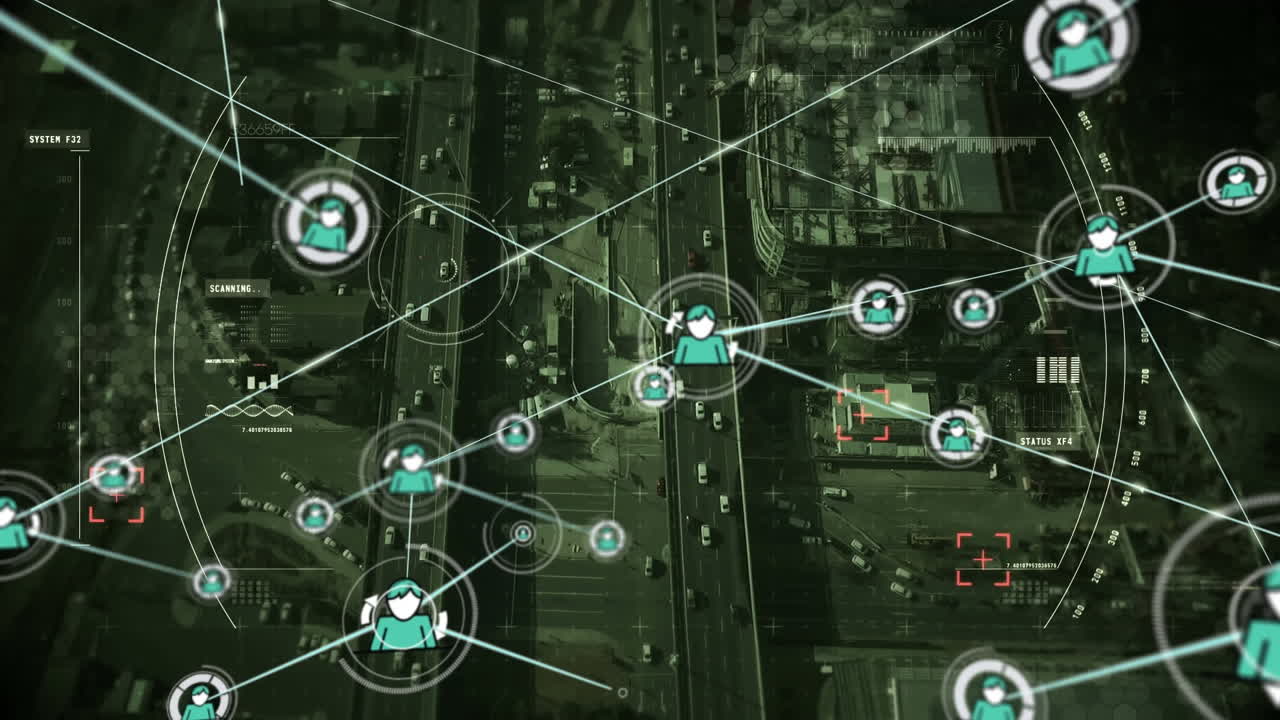 Animation of network of connections with icons over cityscape