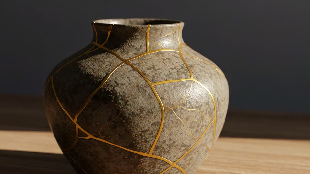 A Beautifully Restored Ceramic Vase with Gold Kintsugi Detailing Emphasizing the Art of Embracing Imperfections and the Uniqueness of Each Piece