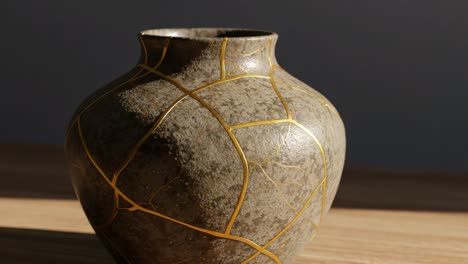 a beautifully restored ceramic vase with gold kintsugi detailing emphasizing the art of embracing imperfections and the uniqueness of each piece