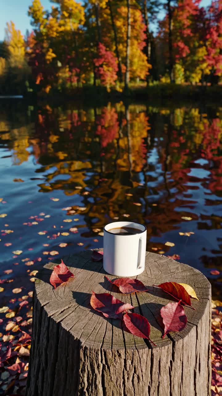A serene autumn scene with a low-angle shot of a coffee mug on a tree stump by a lake
