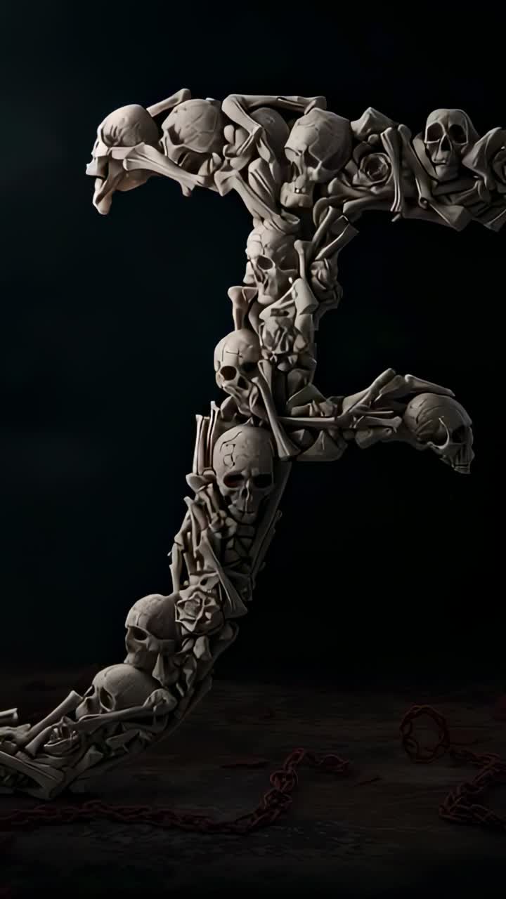 Vertical video: Off-screen emerging letter F forming on stage collapsing into skull chain debris