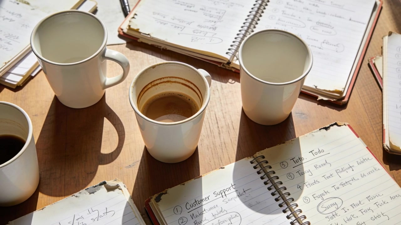 Shifting sunlight and drifting camera lighting tabletop, revealing mugs, notebooks, todo list, pen