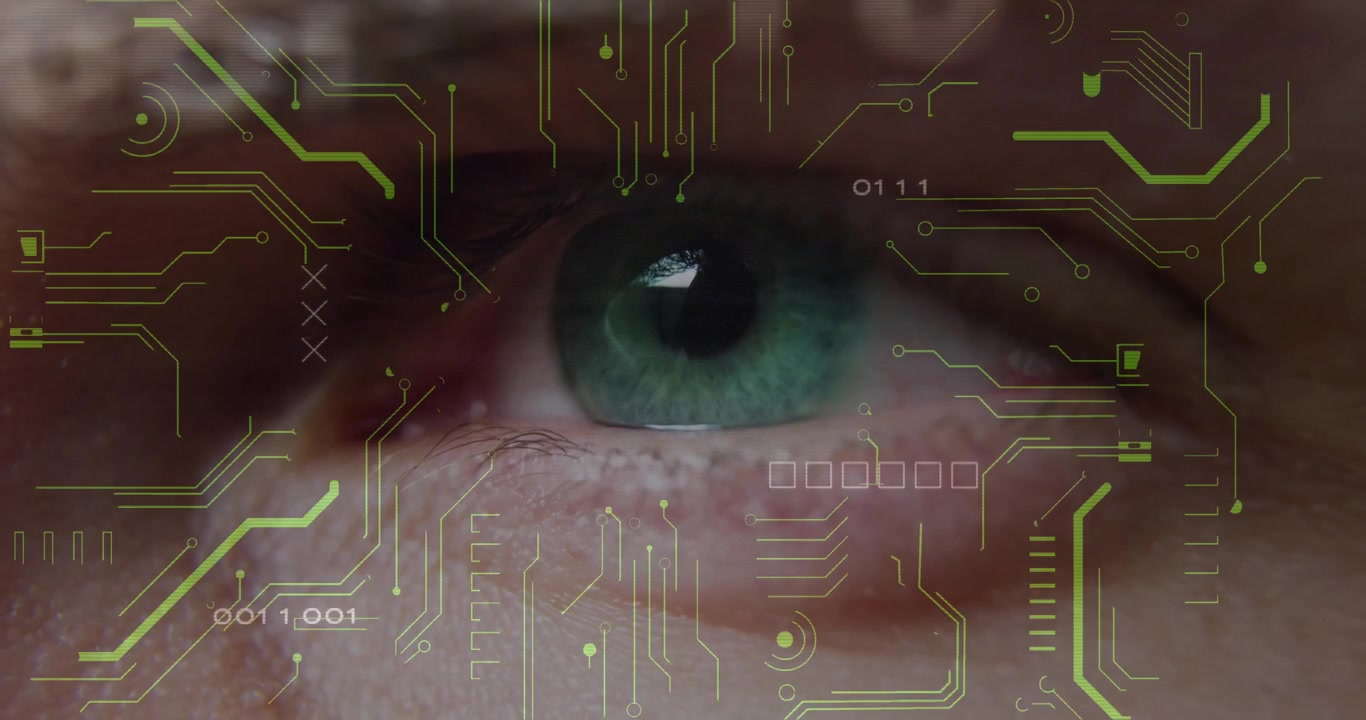 3D render showing green iris undergoing biometric scan with white squares and binary data
