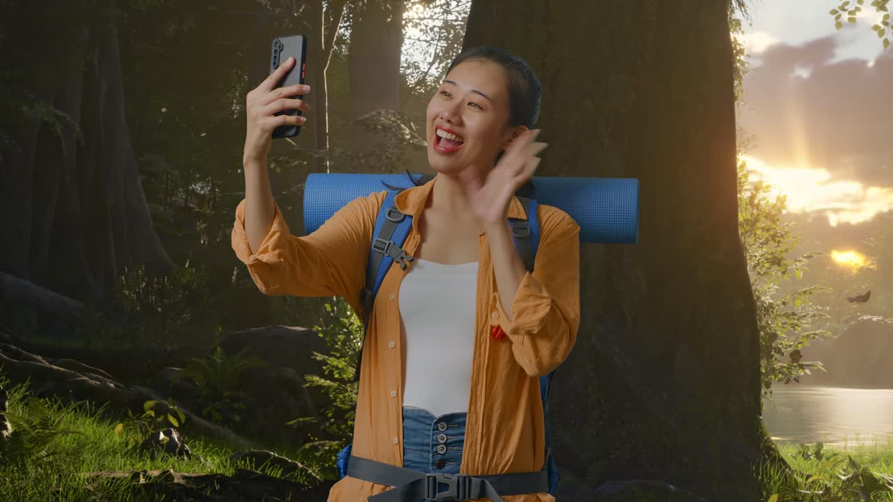 una mujer tomando una selfie en un bosque.