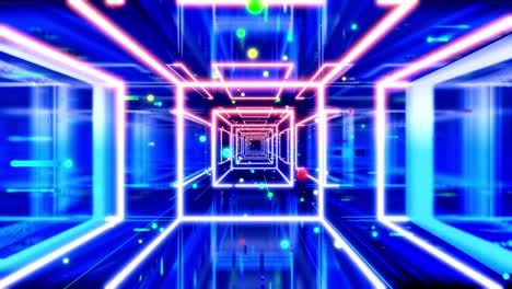 movimiento gráfico, cámara volar en el espacio de arte o túnel con luz de neón. diseño de movimiento moderno vj bucle, volar a través del espacio de arte de resplandor rectángulos, esferas, líneas y marcos de alambre, color gradiente arco iris.