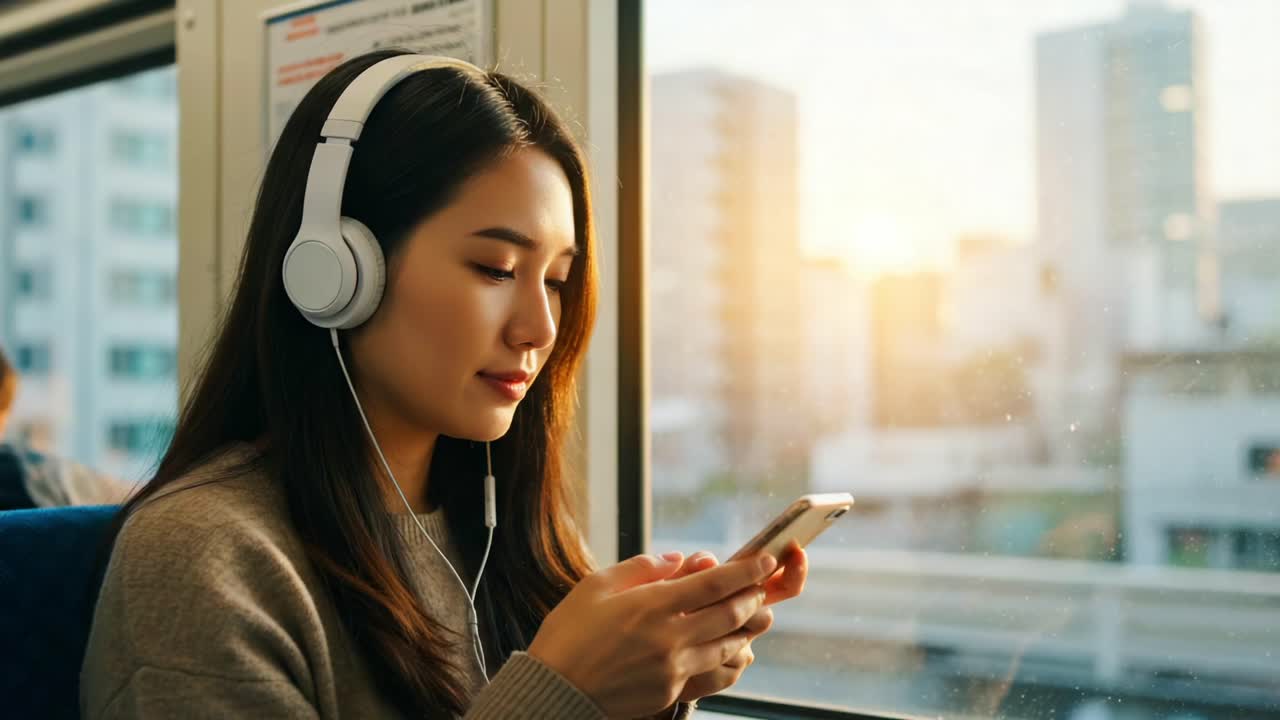 A Woman Enjoys Music on Her Smartphone While Traveling on a Train, Capturing the Relaxing Vibe of Daily Commute with a Beautiful Sunset in the Background