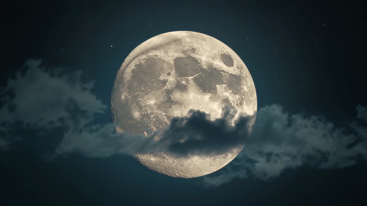 Drifting cloud band slowly revealing full moon craters in open night sky, with distant stars