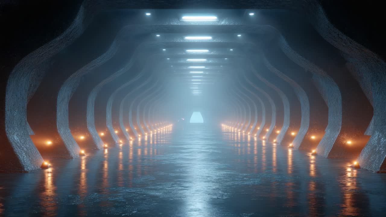 A Mystical Passageway: Exploring the Ethereal Glow of an Enigmatic Corridor Bathed in Soft Light and Reflections, Leading to an Unseen Destination Beyond the Fog