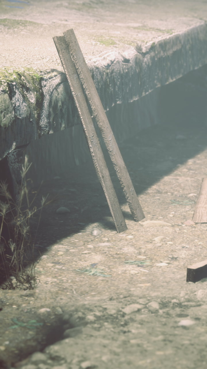 Wooden planks lean against a wall in a sunlit outdoor area near the ground