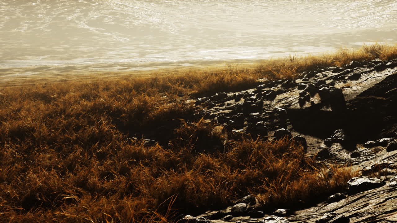 piedras cubiertas de hierba y musgo bajo el cielo brillante de nepal