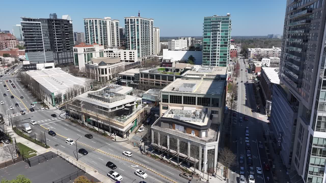 Atlanta upscale Buckhead neighborhood on a sunny day, Drone shot
