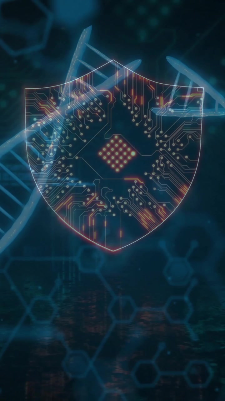 Animation of scientific data processing over dna strands on dark background