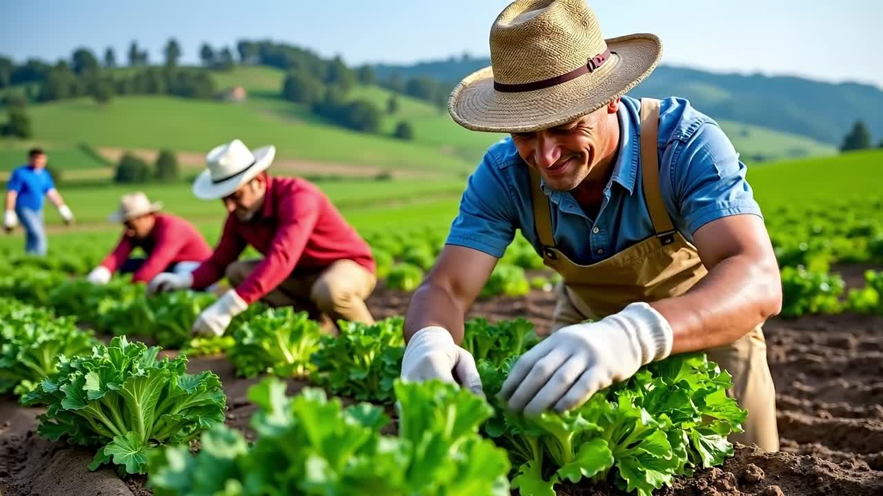 un grupo de hombres trabajando en un campo de lechuga