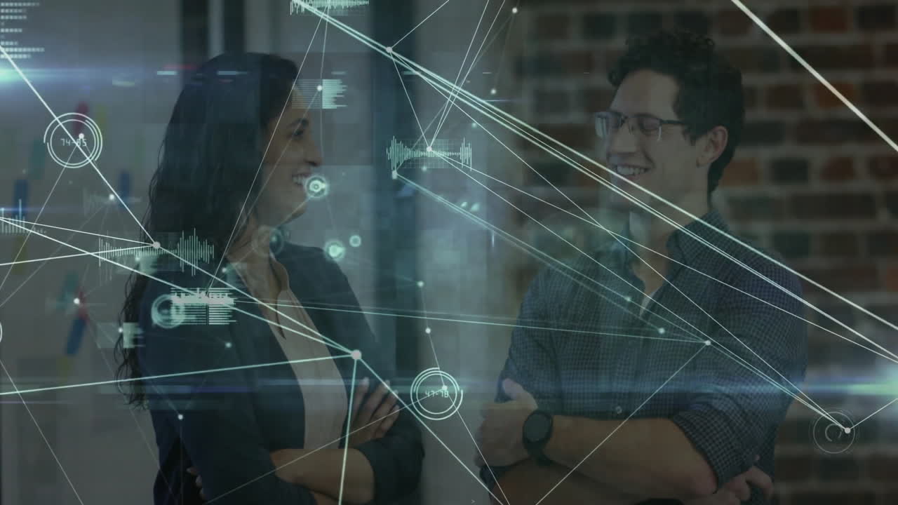 Network connections and data processing animation over business people talking in office