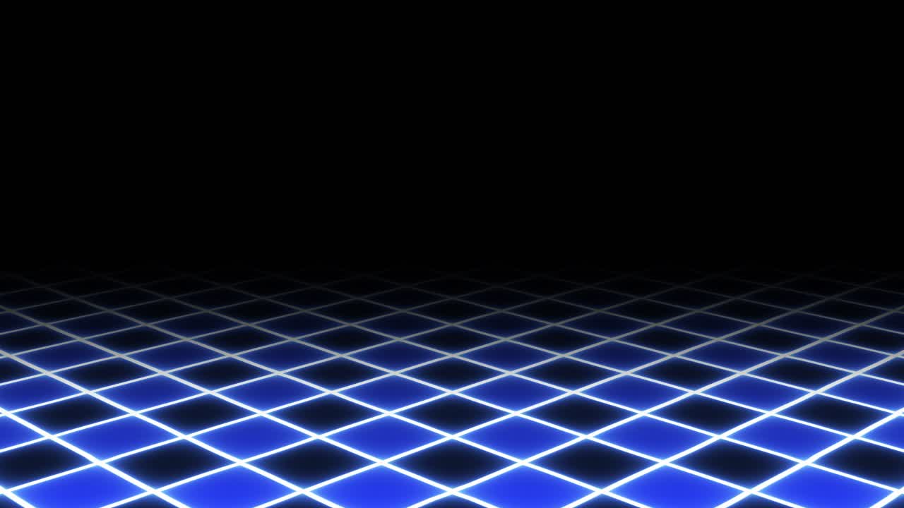 Animation: experience the thrill of flying over a neon-lit checkered floor with pulsating blue hues and a retro-futuristic 1980s vaporwave ambiance