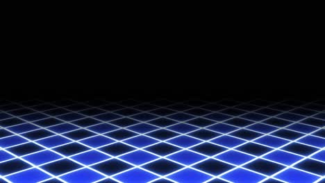 animation: experience the thrill of flying over a neon-lit checkered floor with pulsating blue hues and a retro-futuristic 1980s vaporwave ambiance