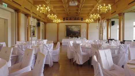 elegant banquet hall prepared for wedding celebration – wide interior shot