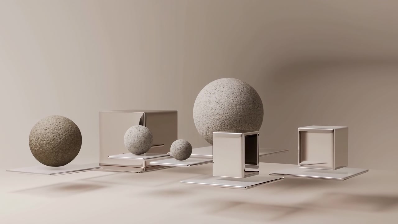 Beige studie stilleben med kugler, terninger og svævende platforme under blød retningsbestemt belysning.
