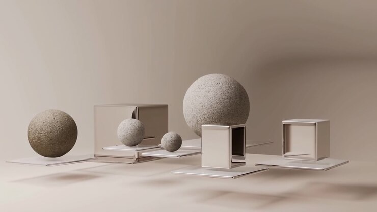 Beige Studio Still Life With Spheres, Cubes And Floating Platforms Under Soft Directional Lighting, Casting