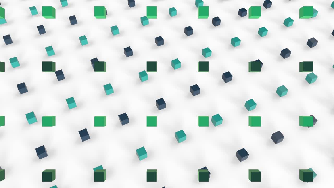 Animation of multicolored three dimensional cubes floating against white background