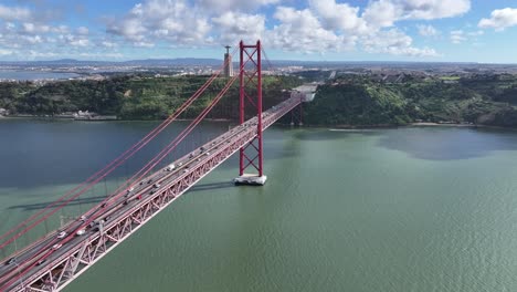 25 of april bridge at lisbon in lisbon district portugal. downtown city skyline. transportation scenery. 25 of april bridge at lisbon in lisbon district portugal. famous cable stayed bridge