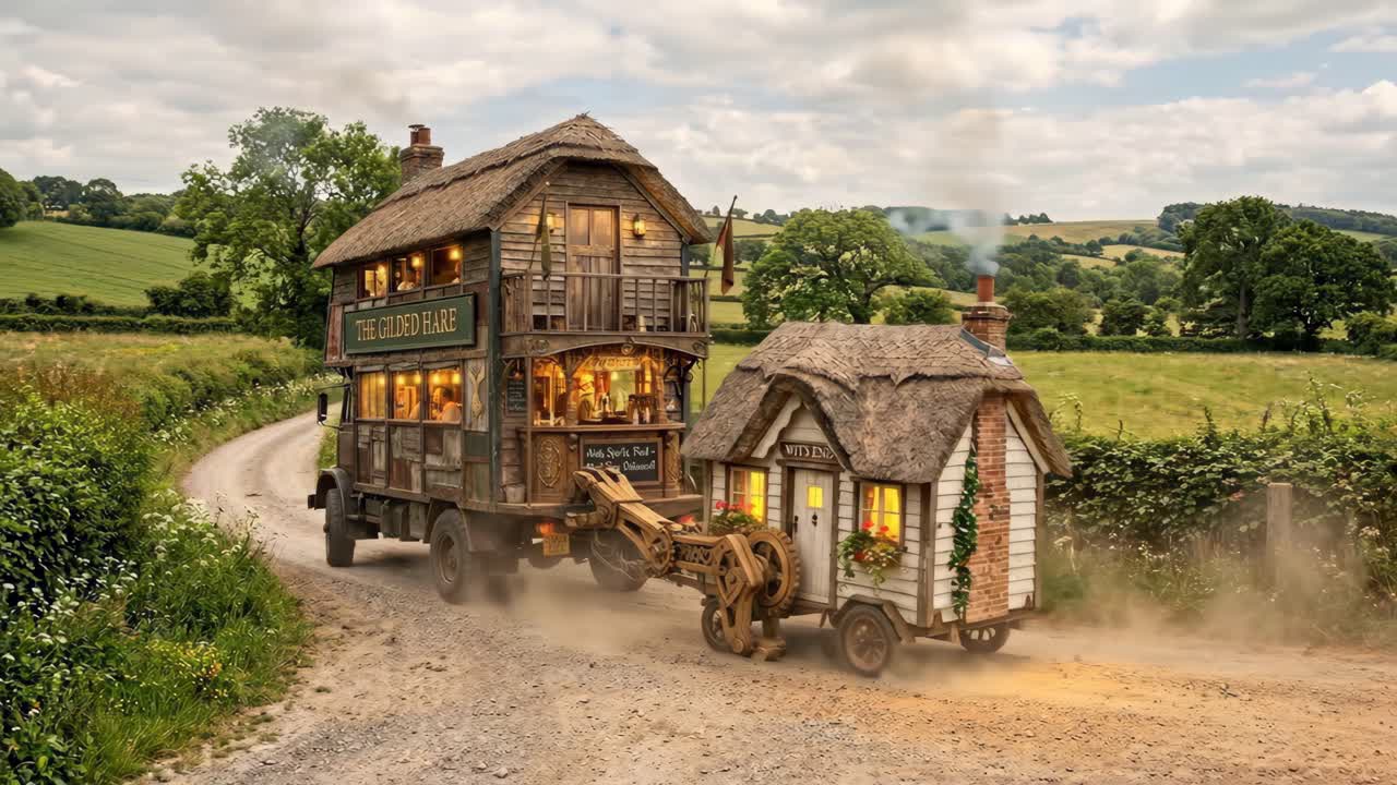 Fantasifuld mobil pub og et tiny house, der rejser gennem et grønt landskab
