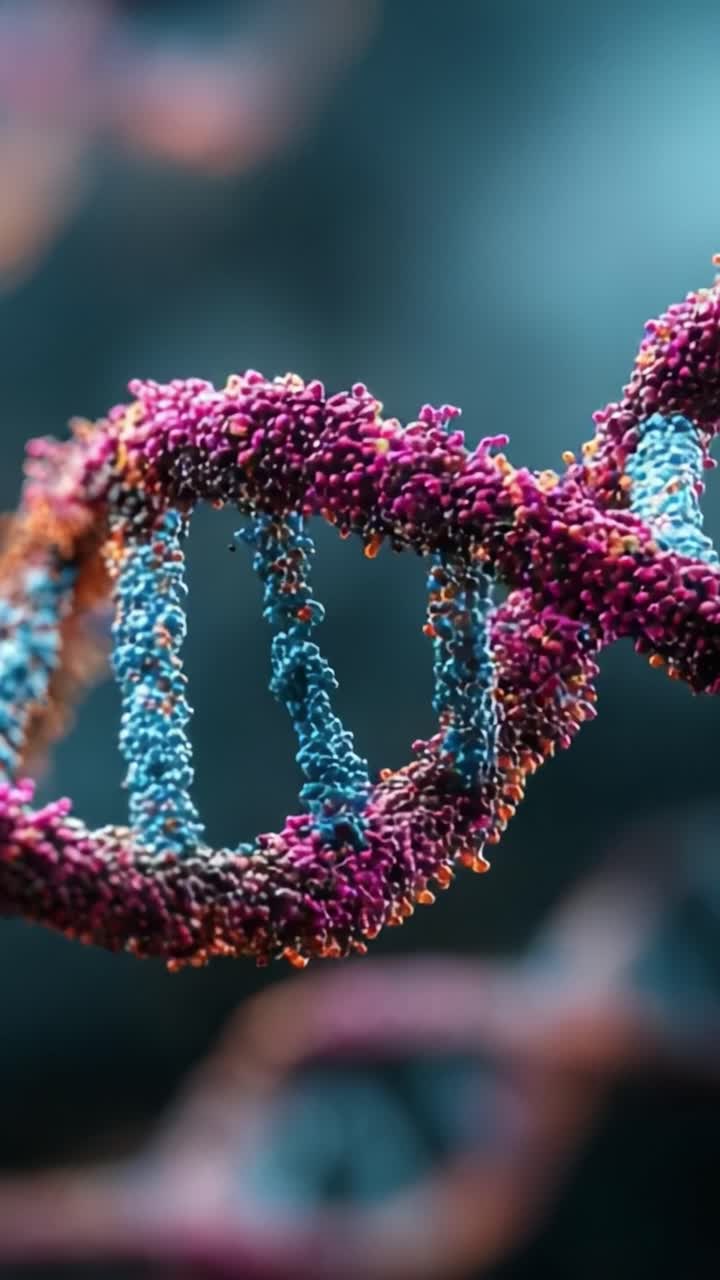 Intricate Structure of DNA Molecule: A Close-Up Examination of Helical Forms and Colorful Patterns Revealing Genetic Complexity in a Stunning Visual Representation