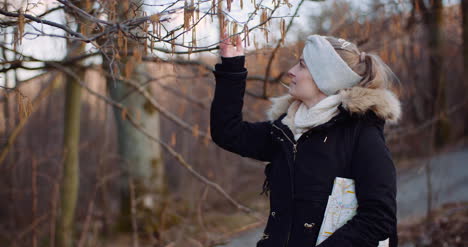 Woman-Touching-Tree-Branch-On-A-Walk-In-Park