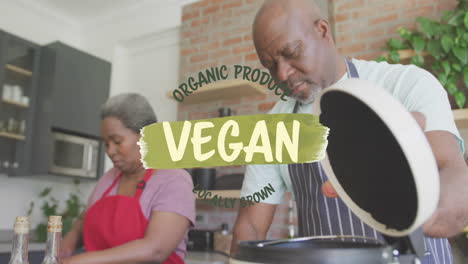 vegan text animation over couple cooking with organic produce in kitchen