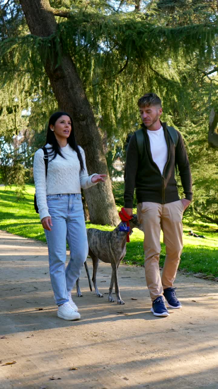 Pareja caminando y hablando con su perro galgo en un parque soleado