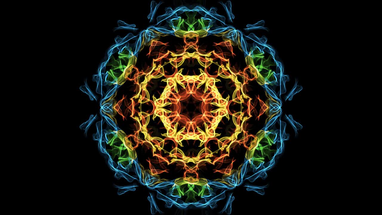 hermoso mandala fractal multicolor, patrones simétricos en el círculo, rojo, amarillo, naranja, azul, verde
