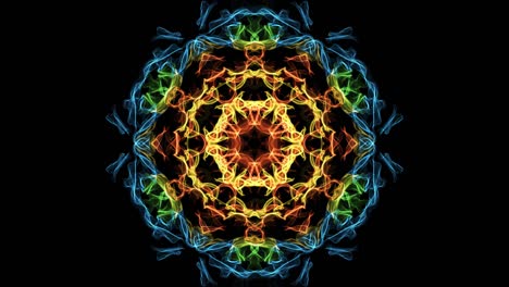 beautiful mandala multicolored fractal, symmetric patterns in circle, red, yellow, orange, blue, green