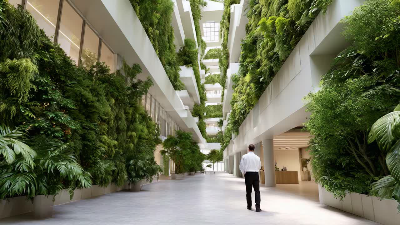 Un espacio de trabajo biofílico moderno con exuberantes jardines verticales y diseño sostenible, que crea un entorno tranquilo para la productividad y el bienestar