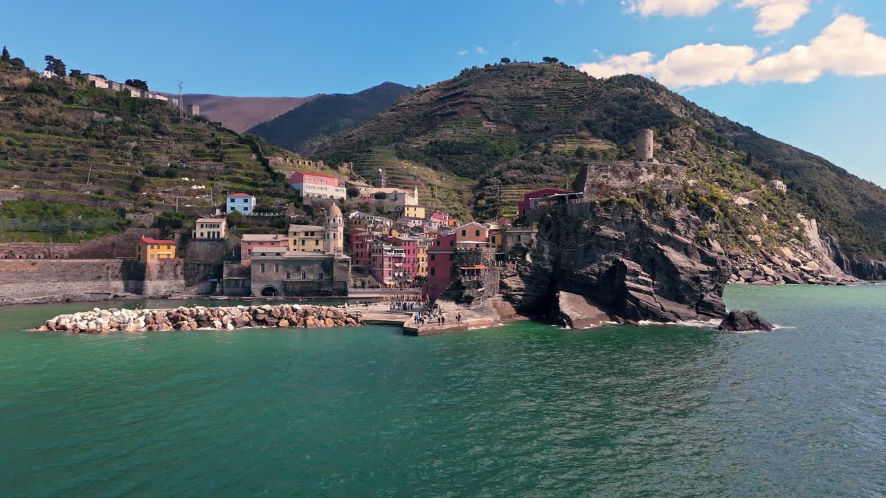 Vernazza, cinque terre, italy with colorful houses by the sea, aerial view