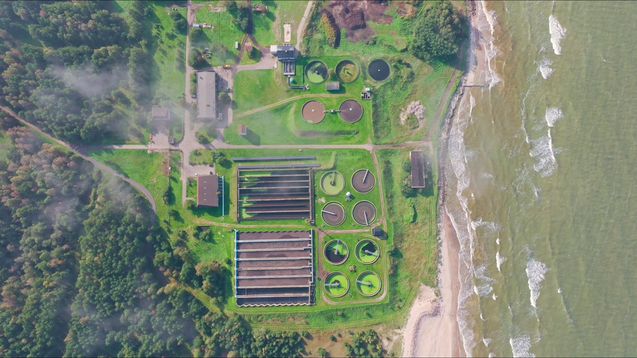 Static top view of Liepaja water treatment plant near Baltic shoreline