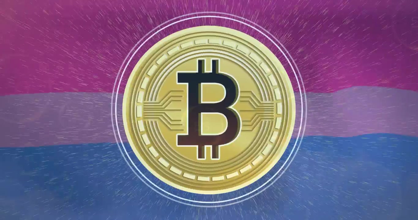 Golden rod descending into tricolor gradient, particles bursting, revealing Bitcoin coin rotating