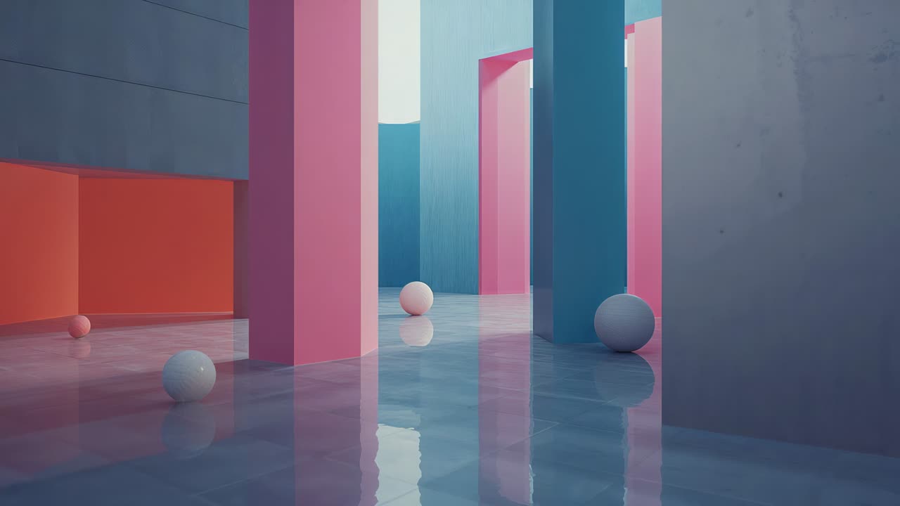 Panning camera forward and shifting right among pastel pillars, highlighting sphere reflections