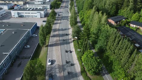 Aerial view of bikers on Harley Davidson group ride in Kerava, Finland