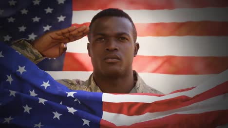 digital animation of american soldier saluting against swaying american flag 4k