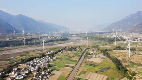 Drone-shots-of-a-large-Chinese-windfarm-located-in-the-valley-of-Sichuan