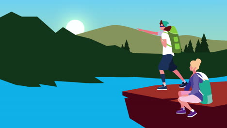 young adventurous couple in the river animation