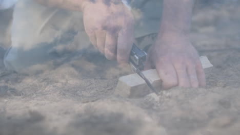 man kneeling on dusty ground whittling wood block, showing animated shavings icon and diy guide