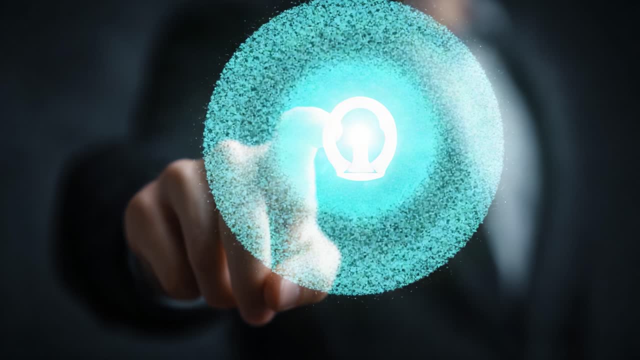 A Businessman Interacting with a Holographic Lightbulb, Symbolizing Innovation and Ideas Through Advanced Digital Technology and Connectivity in a Modern Setting