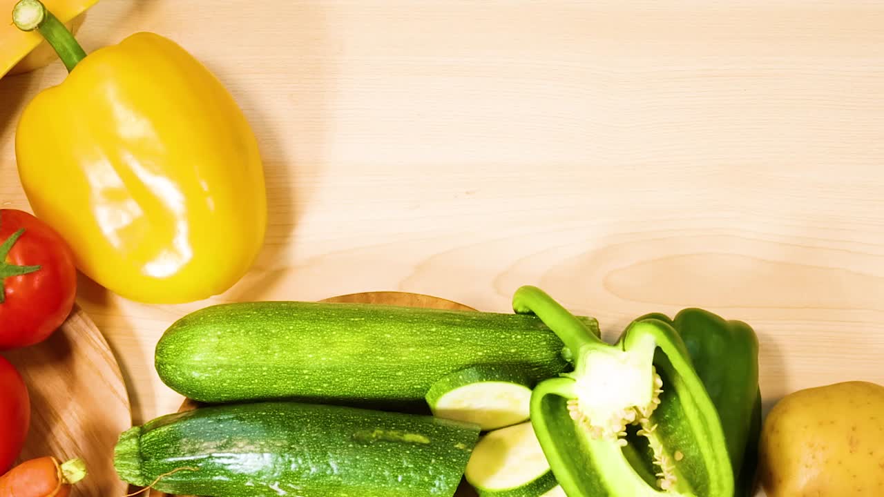 A vibrant display of yellow peppers, green zucchini, and red tomatoes on a wooden table.