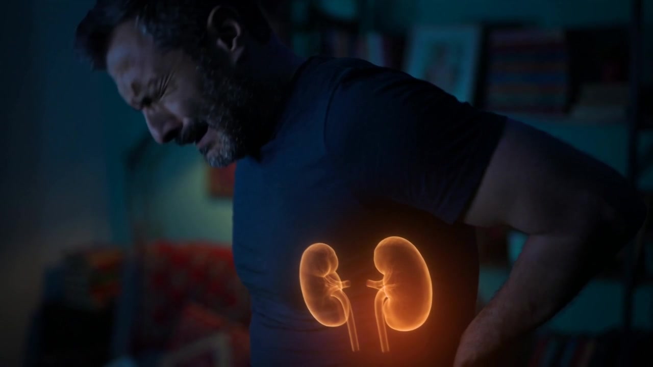 Uomo che si tiene la parte bassa della schiena con reni luminosi evidenziati attraverso una maglietta scura