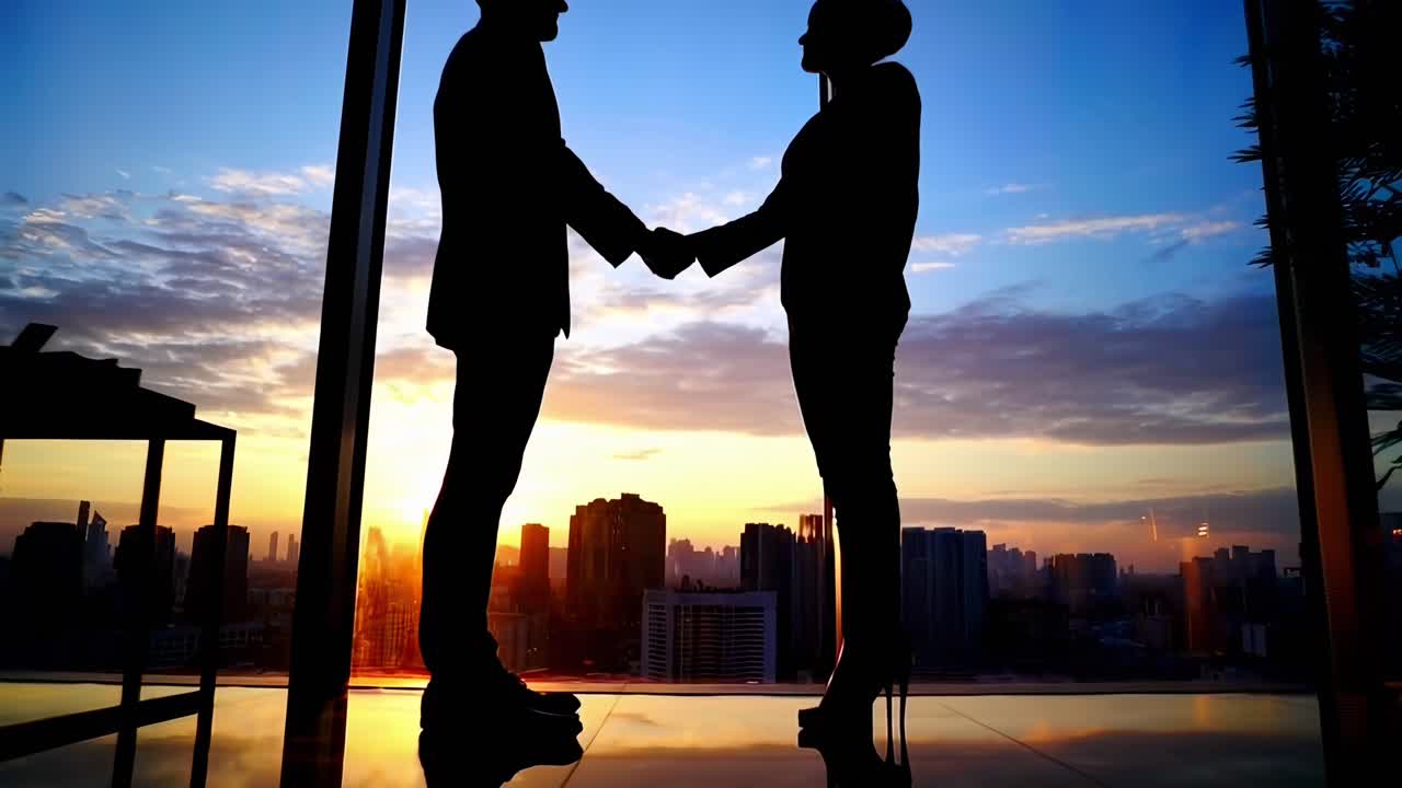 Stretta di mano in silhouette al tramonto in un ufficio in un grattacielo, ripresa da un'angolazione bassa, in stile video.